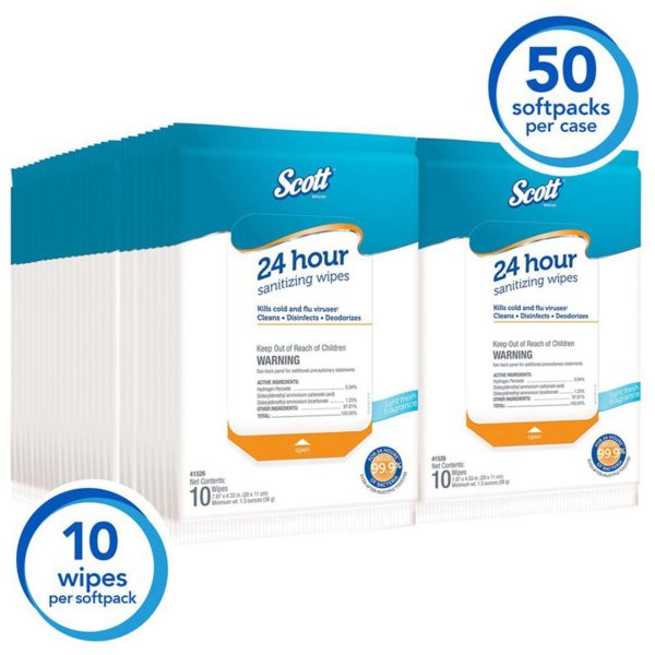 Scott 24-Hour Sanitizing Disinfecting Wipes Softpack (10-Wipes/Softpack, 50-Softpacks/Case)