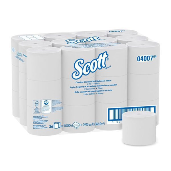 Scott Coreless Standard Roll Toilet Paper, 2-Ply Standard Rolls (36 Rolls/Case, 1,000 Sheets/Roll, 3